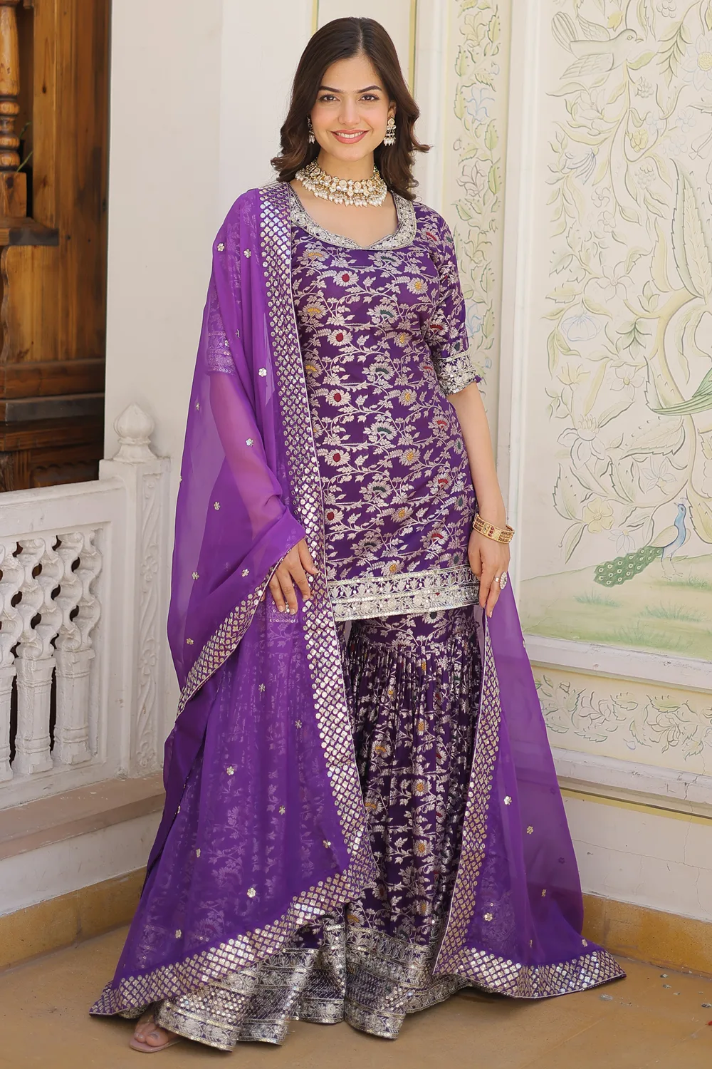 Purple Viscose Jacquard Gharara Suit with Sequins & Zari Embroidery