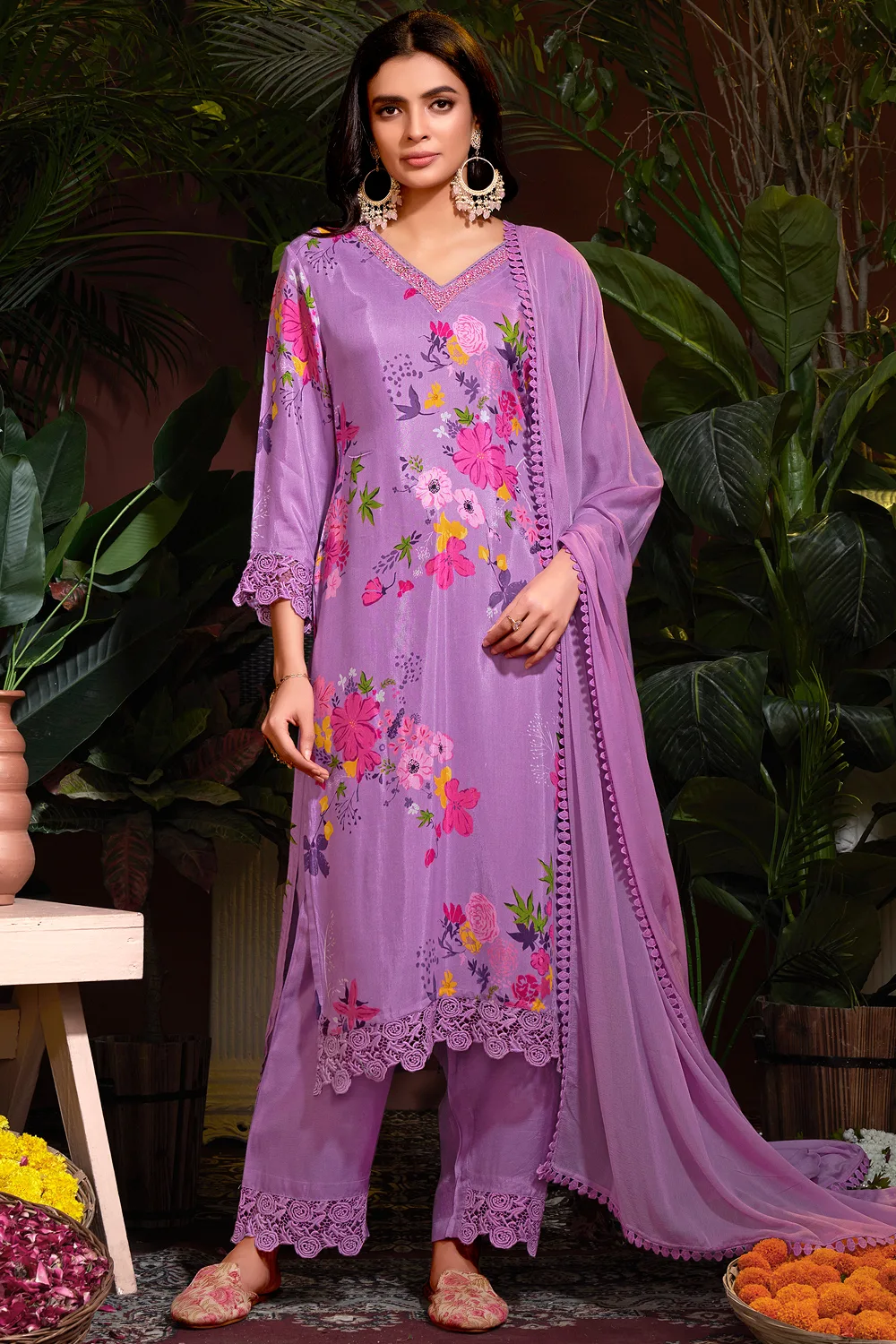 Purple Floral Muslin Salwar Suit with Cro chet Lace