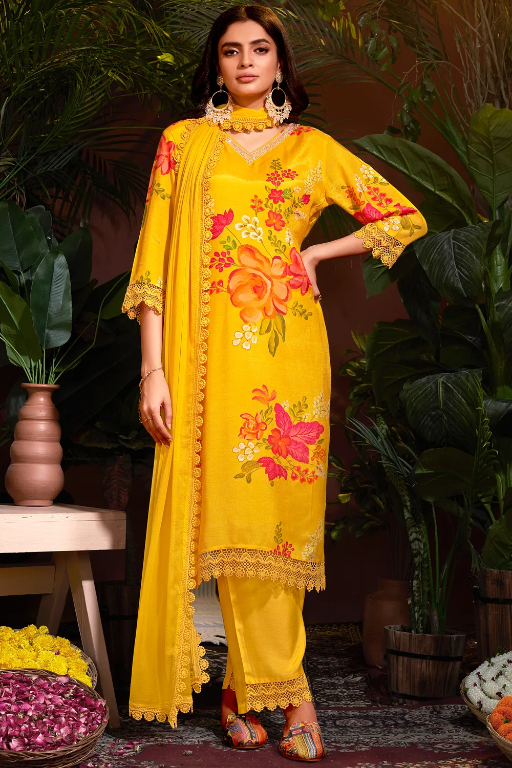 Sunshine Radiance: Yellow Floral Muslin Salwar Suit for Mehendi/Haldi